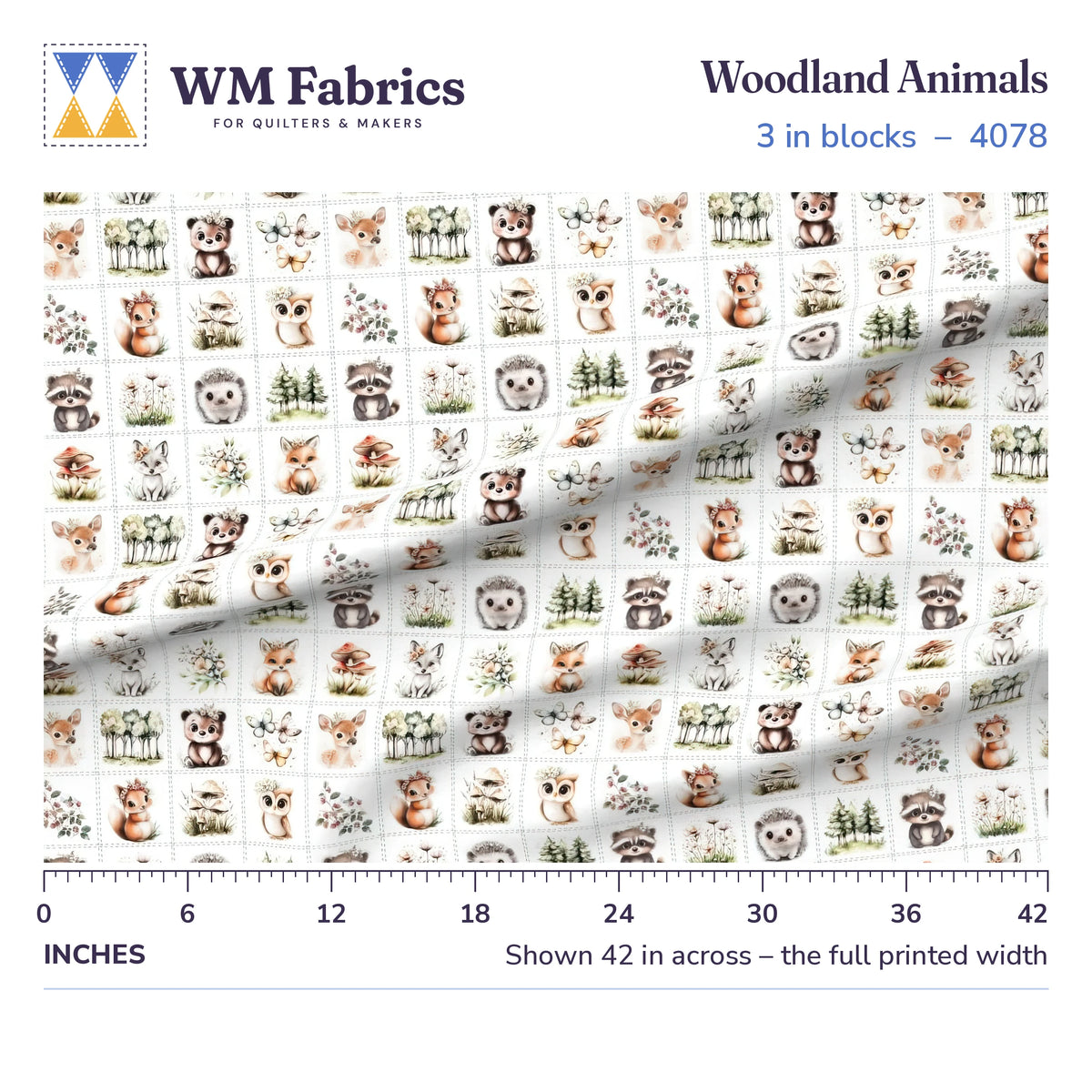 Woodland Animals fabric, 3 inch blocks shown 42 inches across with a ruler for true print scale
