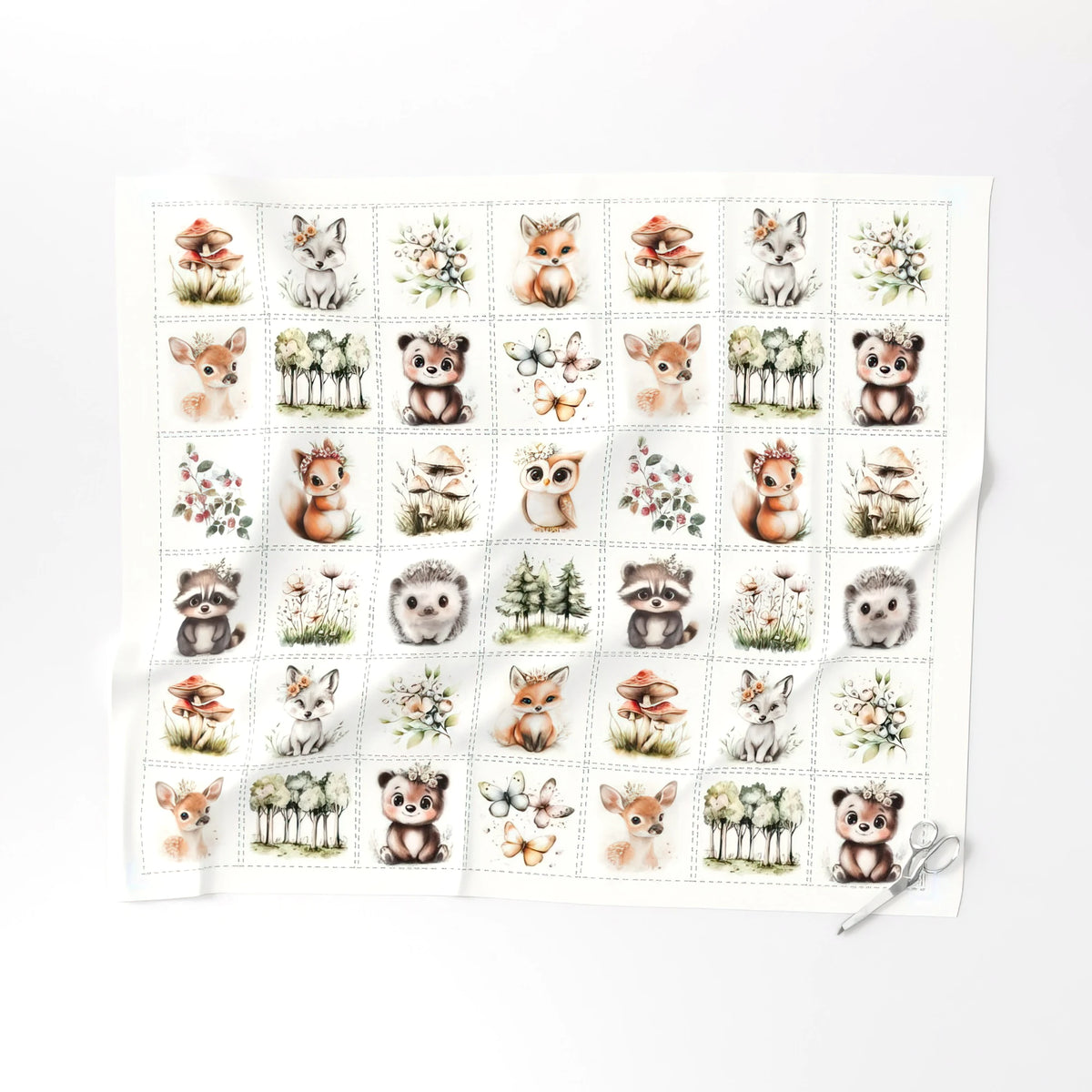 Woodland Animals cheater quilt fabric, 6 inch blocks laid flat – a no-piecing faux patchwork quilt top