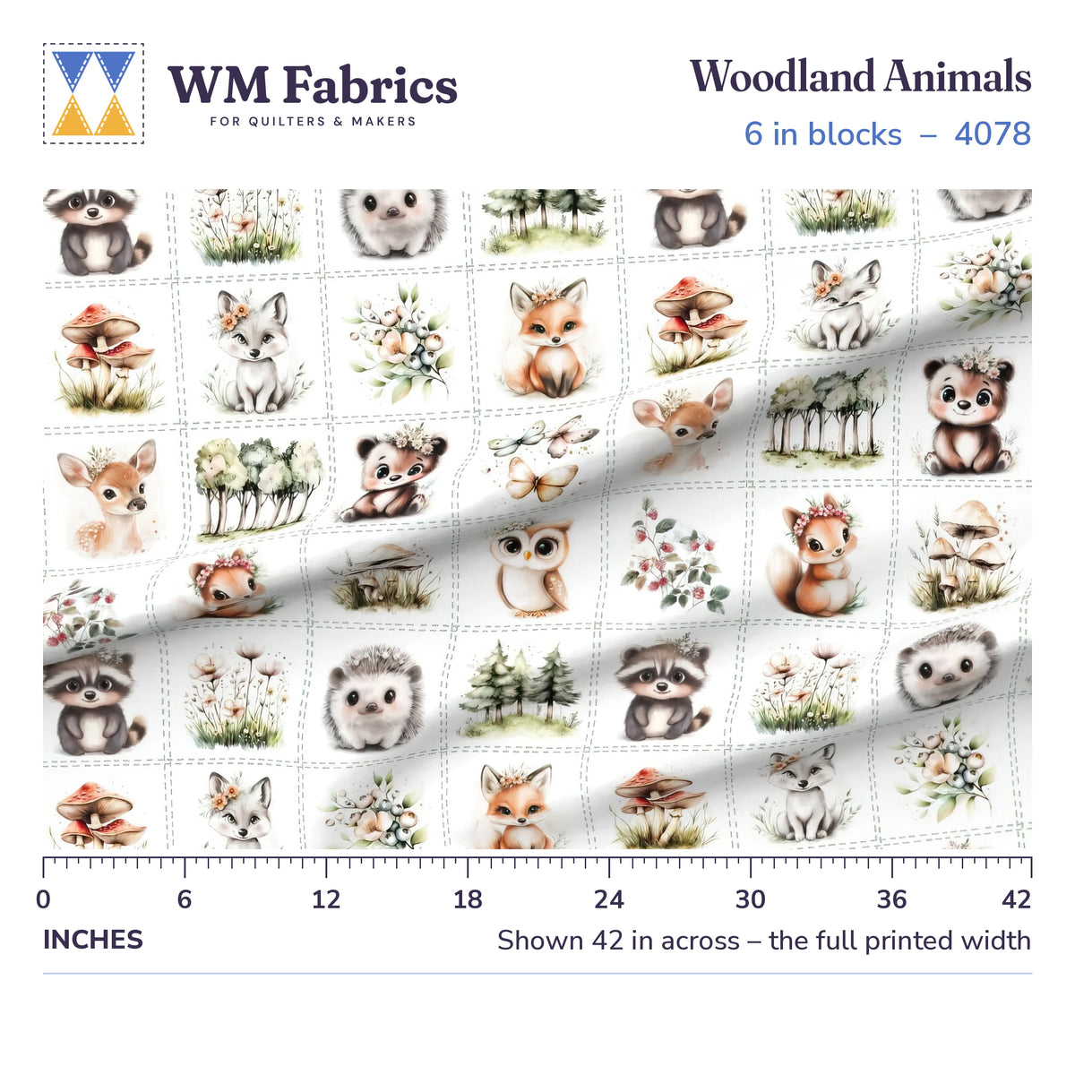 Woodland Animals fabric, 6 inch blocks shown 42 inches across with a ruler for true print scale