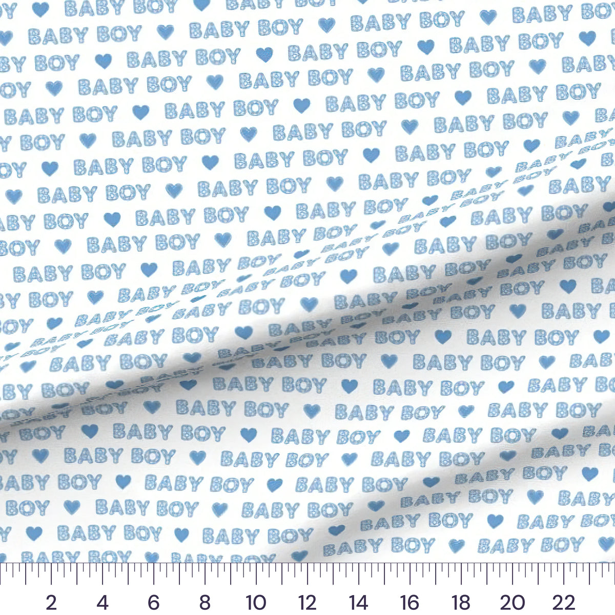 Baby Boy Word quilting cotton fabric – draped close-up with a ruler showing true print scale