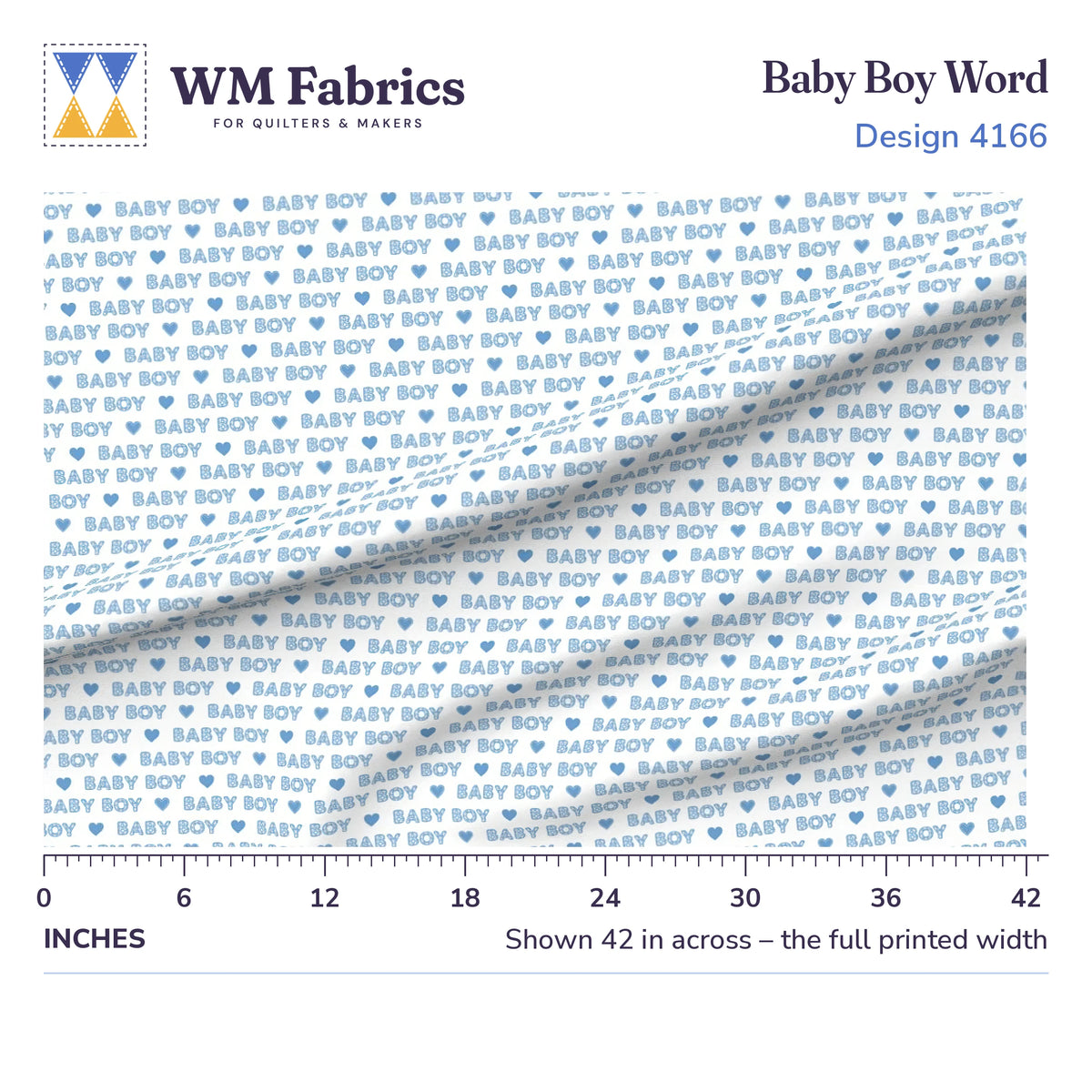 Baby Boy Word fabric shown 42 inches across with a ruler for true print scale