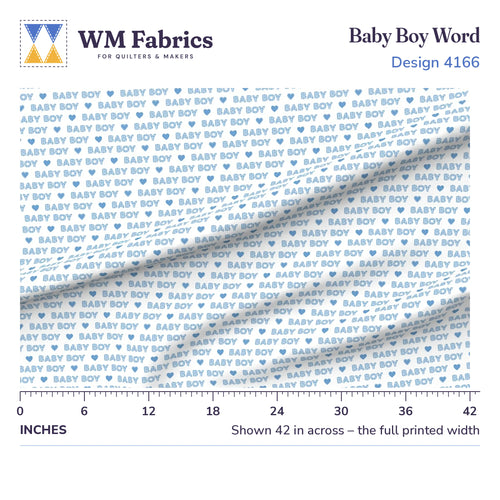 Baby Boy Word fabric shown 42 inches across with a ruler for true print scale