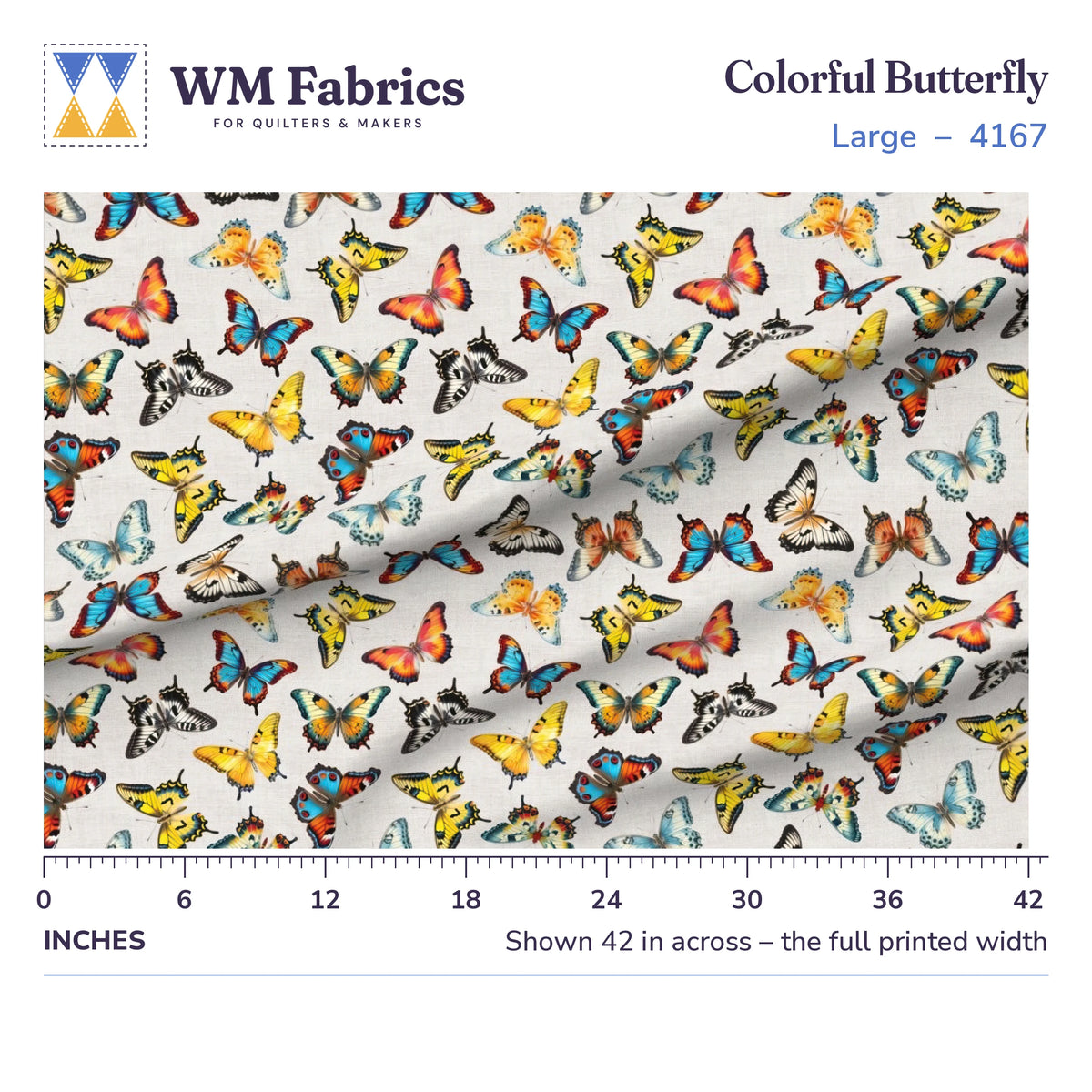 Colorful Butterfly Large fabric shown 42 inches across with a ruler for true print scale