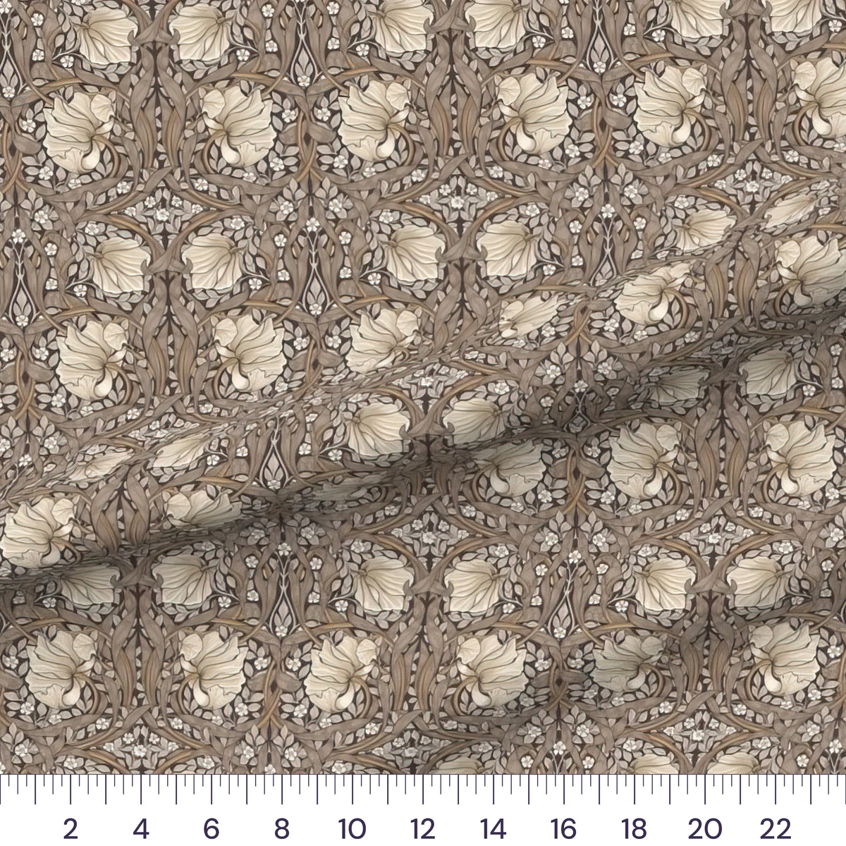 Pimpernel Warm Neutral quilting cotton fabric – draped close-up with a ruler showing true print scale