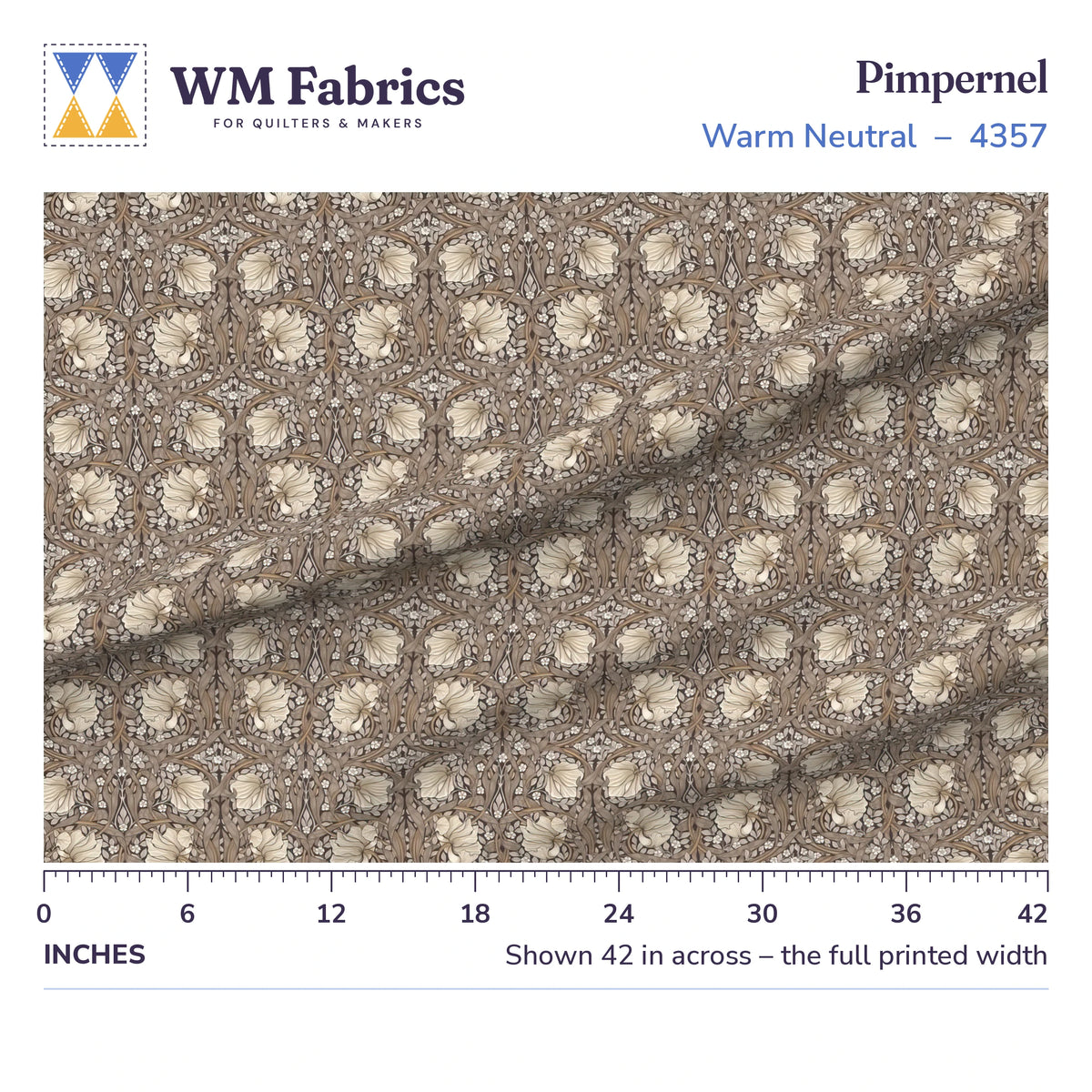Pimpernel Warm Neutral fabric shown 42 inches across with a ruler for true print scale