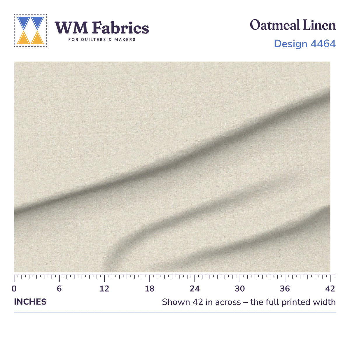 Oatmeal Linen fabric shown 42 inches across with a ruler for true print scale