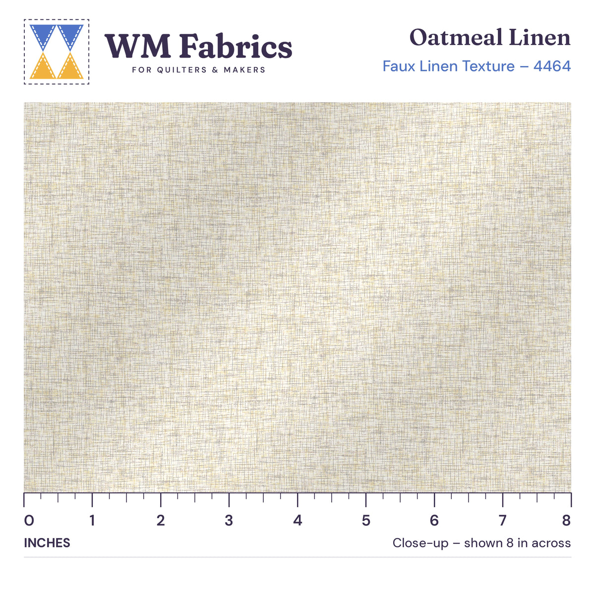 8 inch close-up of Oatmeal Linen quilting cotton with an inch ruler showing the true size of the print