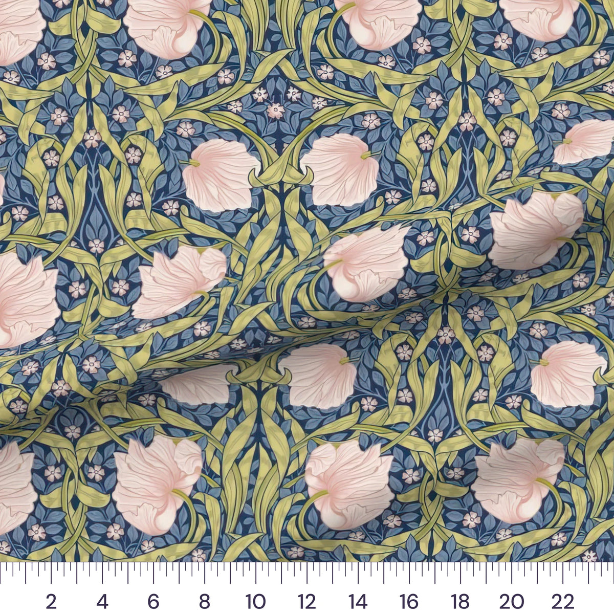 Dusky Garden William Morris Pimpernel quilting cotton fabric draped close-up