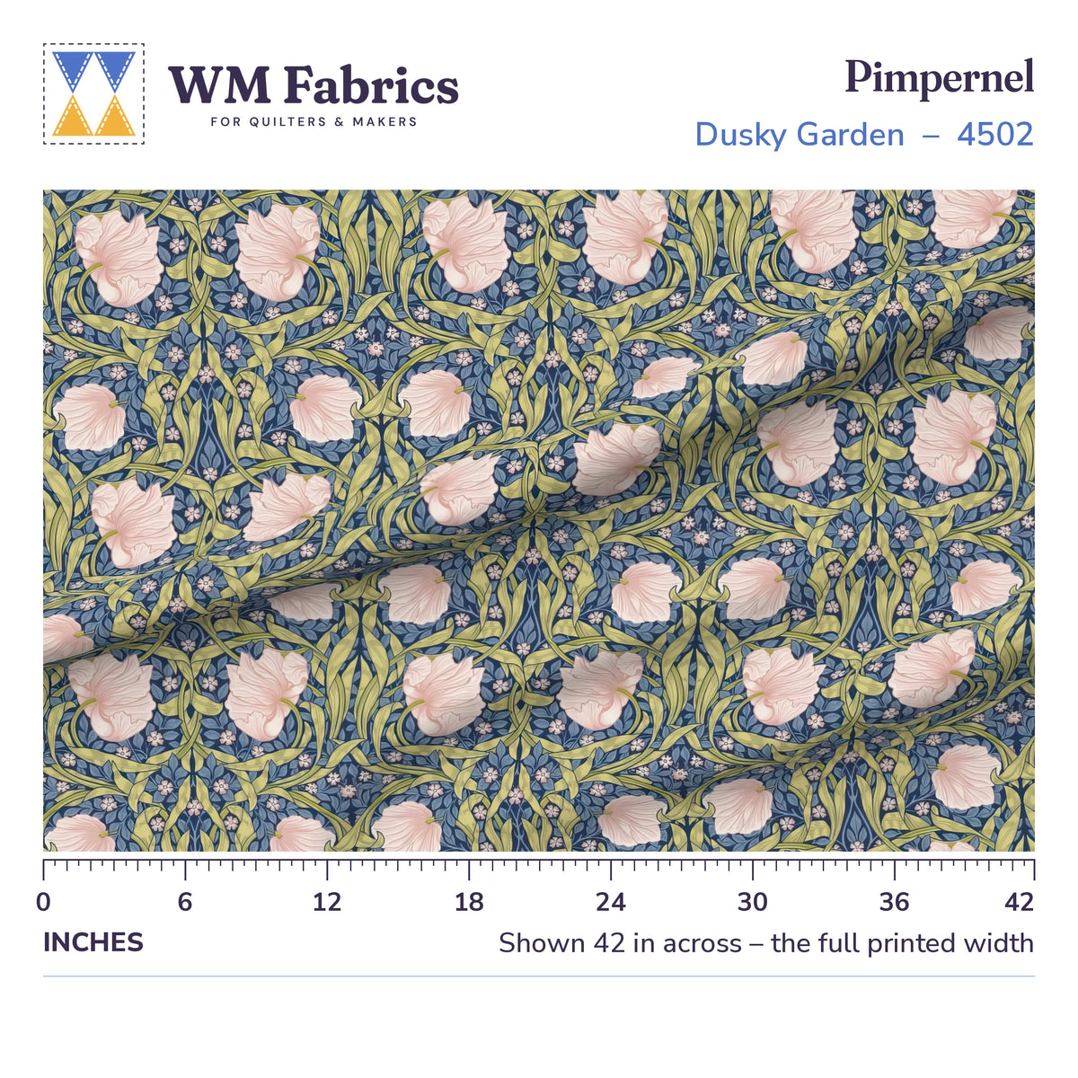 Dusky Garden William Morris Pimpernel fabric shown 42 inches across with a ruler for true print scale