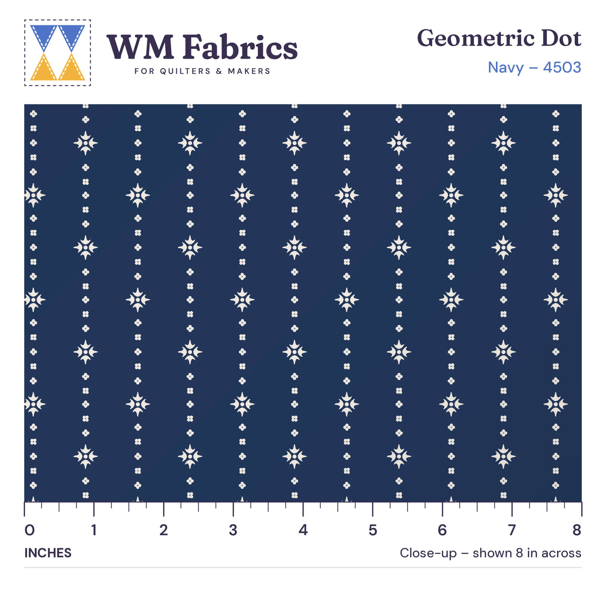 8 inch close-up of Navy Geometric Dot quilting cotton with an inch ruler showing the true size of the print