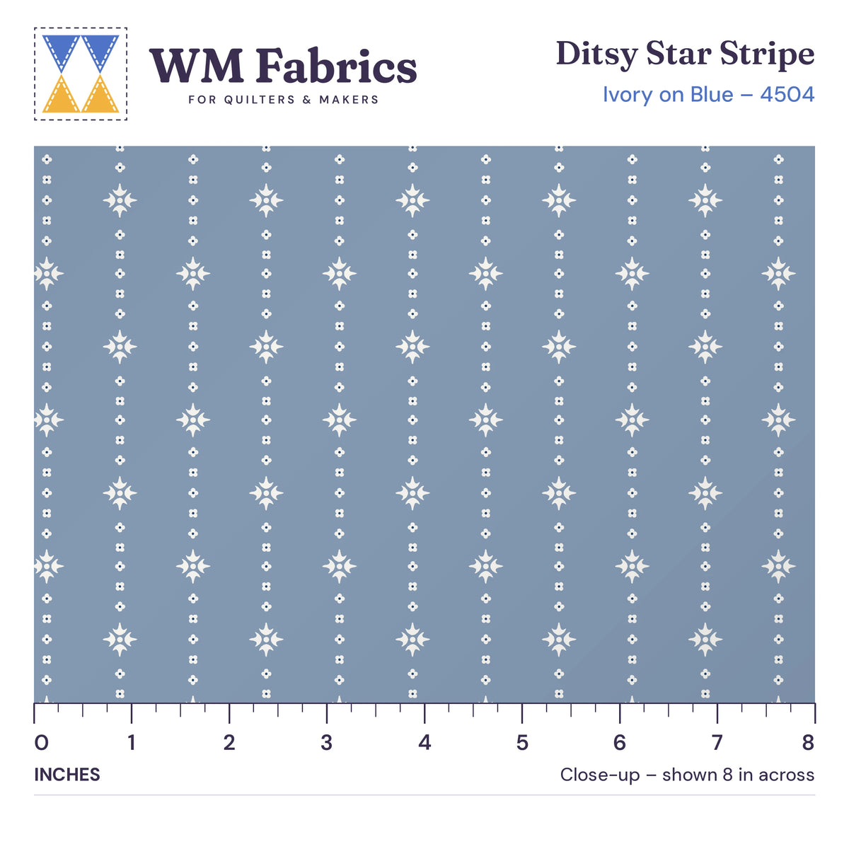 8 inch close-up of Ivory on Blue Ditsy Star Stripe quilting cotton with an inch ruler showing the true size of the print