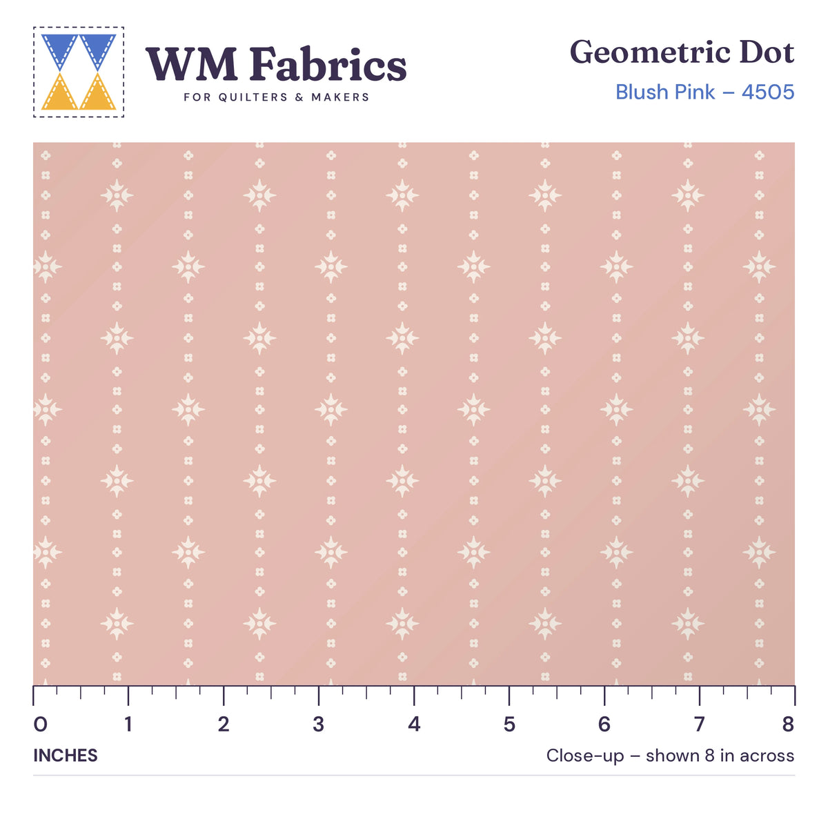 8 inch close-up of Blush Pink Geometric Dot quilting cotton with an inch ruler showing the true size of the print