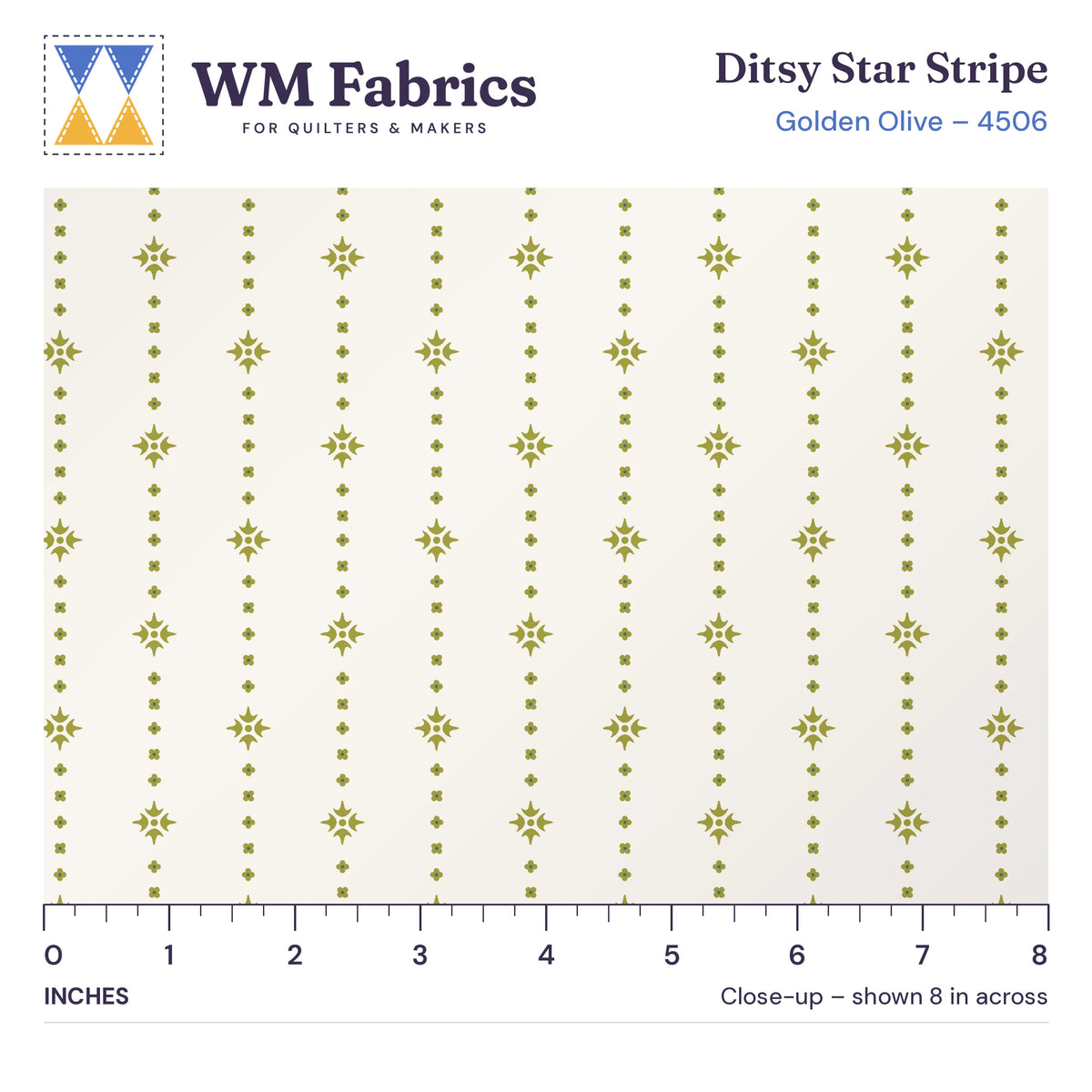 8 inch close-up of Golden Olive Ditsy Star Stripe quilting cotton with an inch ruler showing the true size of the print