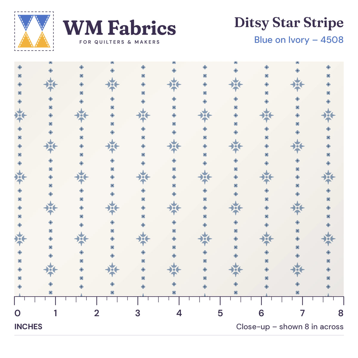 8 inch close-up of Blue on Ivory Ditsy Star Stripe quilting cotton with an inch ruler showing the true size of the print