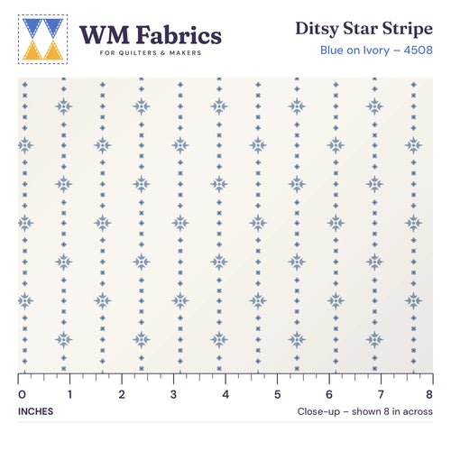 8 inch close-up of Blue on Ivory Ditsy Star Stripe quilting cotton with an inch ruler showing the true size of the print
