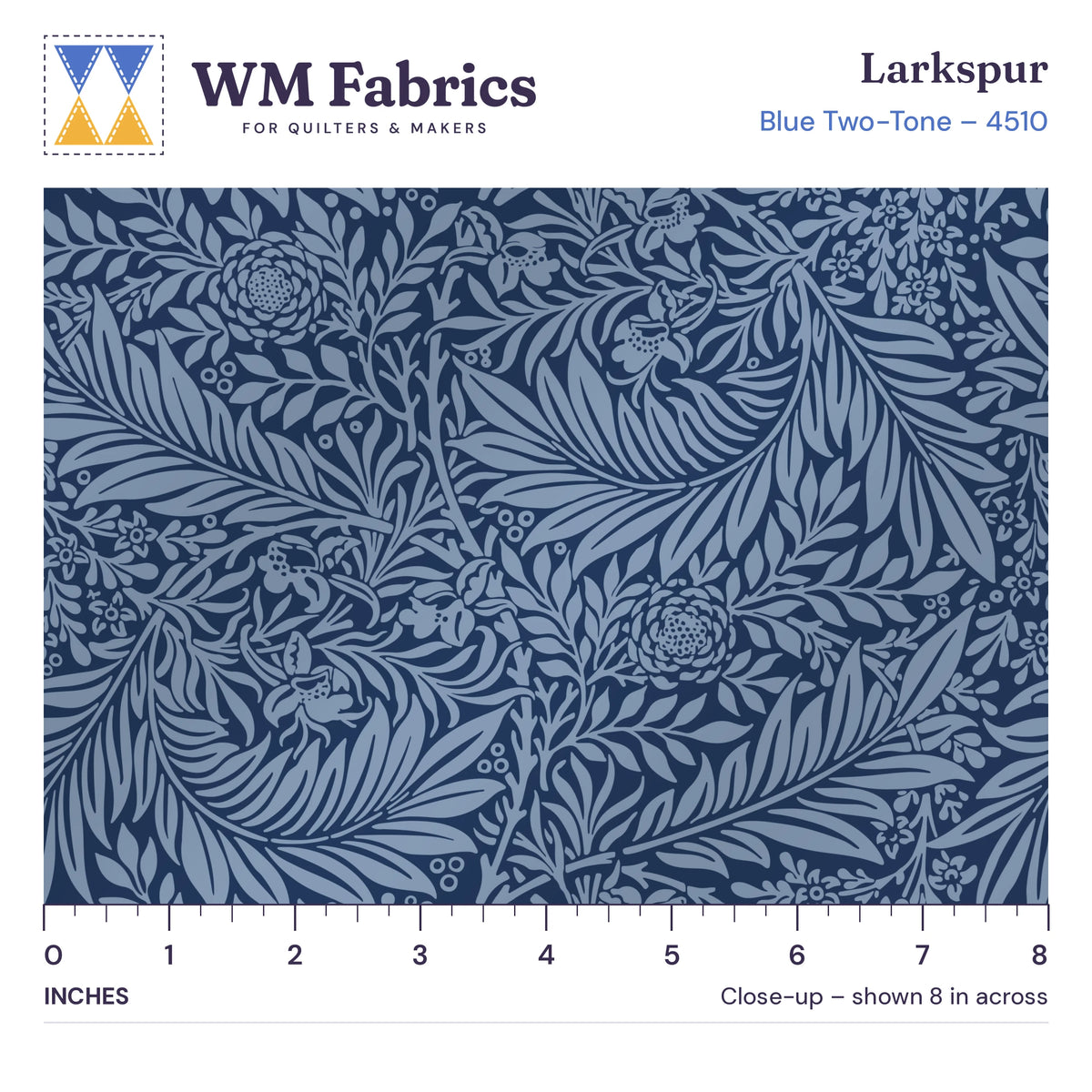 8 inch close-up of Blue Two-Tone William Morris Larkspur quilting cotton with an inch ruler showing the true size of the print