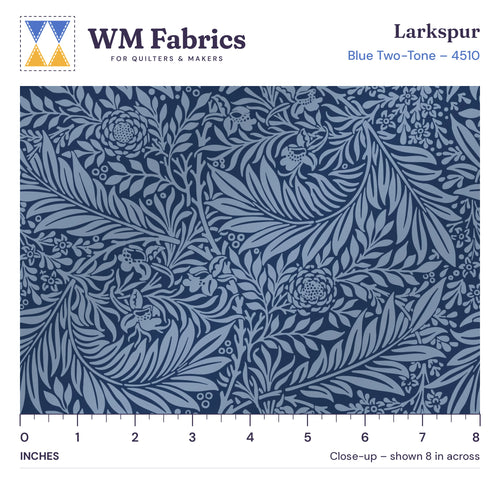 8 inch close-up of Blue Two-Tone William Morris Larkspur quilting cotton with an inch ruler showing the true size of the print