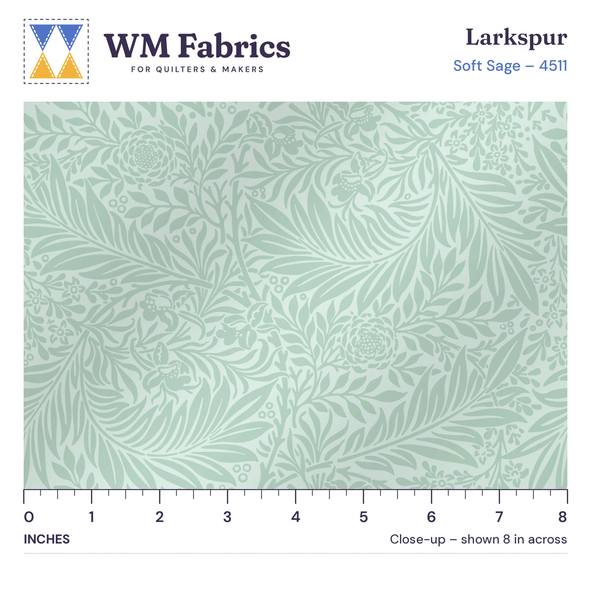 8 inch close-up of Soft Sage William Morris Larkspur quilting cotton with an inch ruler showing the true size of the print
