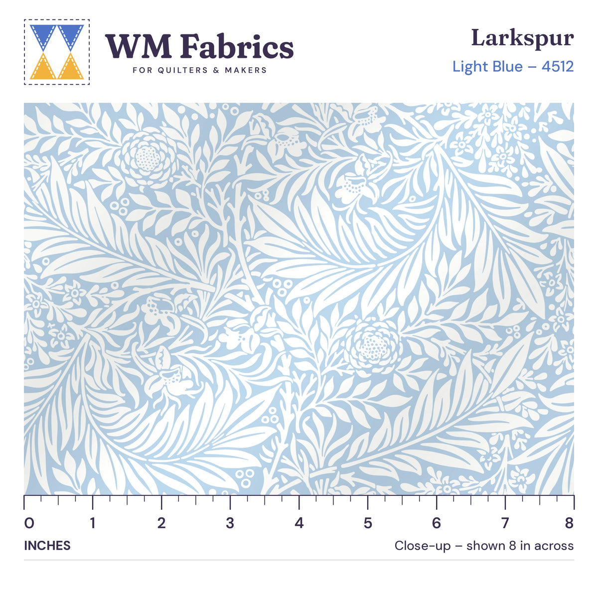 8 inch close-up of Light Blue William Morris Larkspur quilting cotton with an inch ruler showing the true size of the print