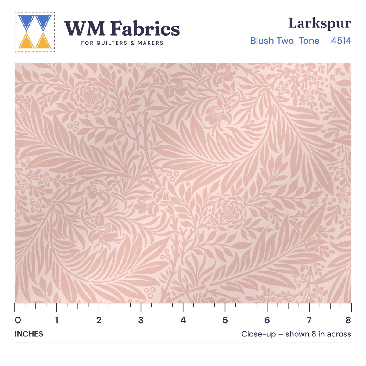 8 inch close-up of Blush Two-Tone William Morris Larkspur quilting cotton with an inch ruler showing the true size of the print