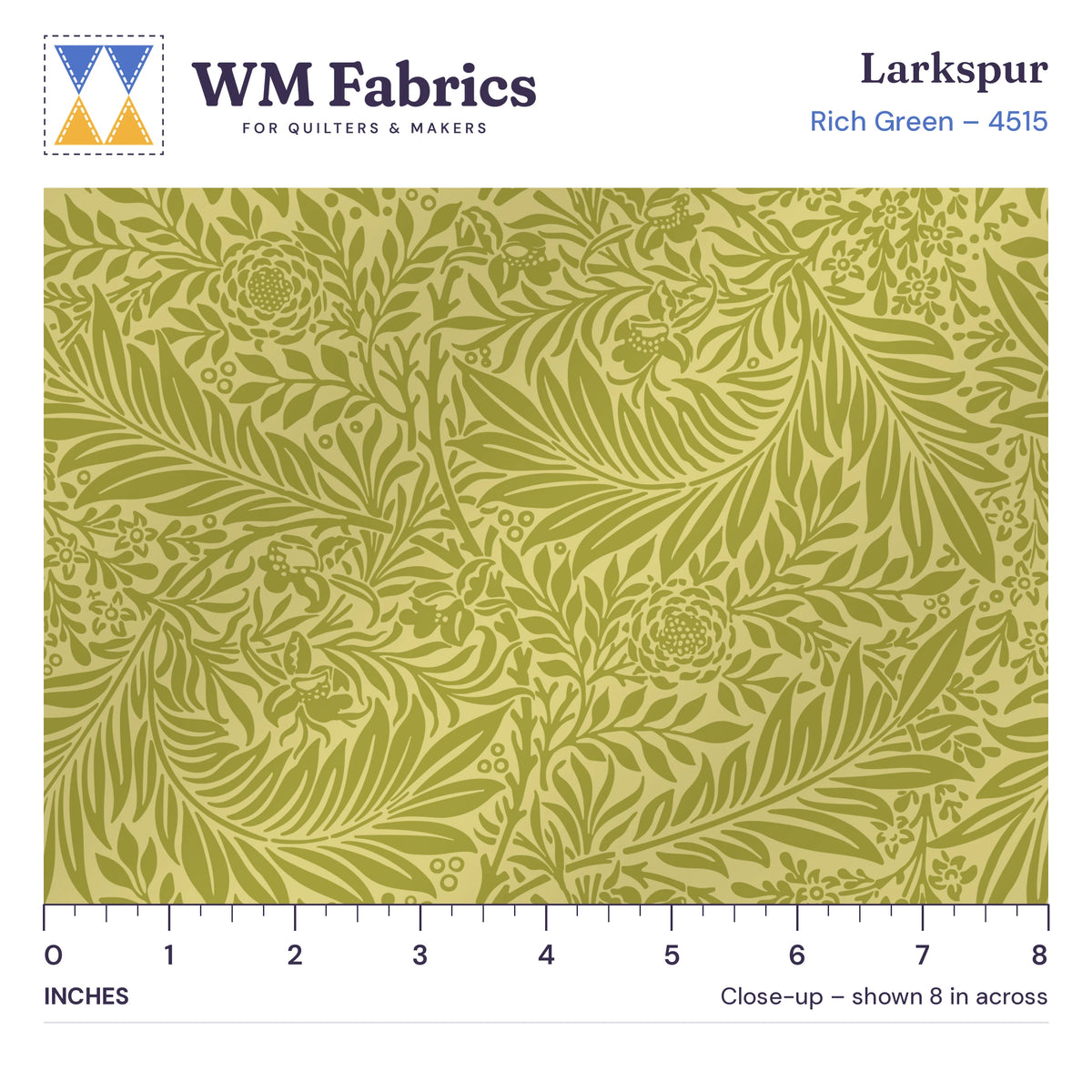 8 inch close-up of Rich Green William Morris Larkspur quilting cotton with an inch ruler showing the true size of the print