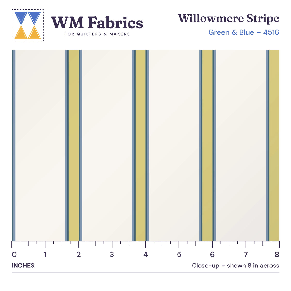 8 inch close-up of Green & Blue Willowmere Stripe quilting cotton with an inch ruler showing the true size of the print