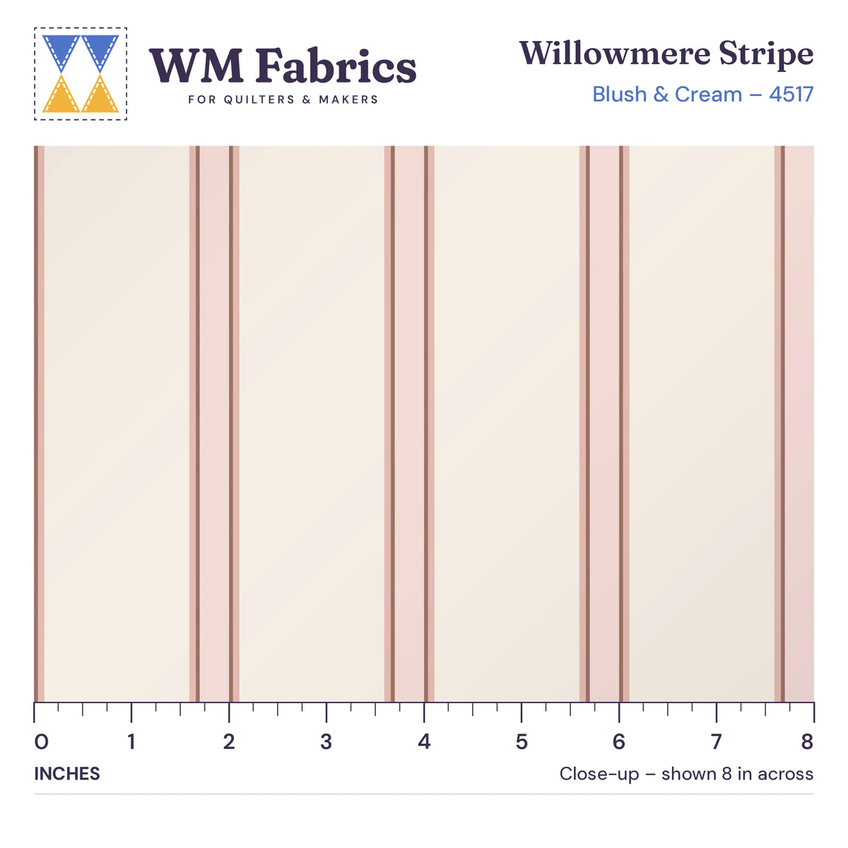 8 inch close-up of Blush & Cream Willowmere Stripe quilting cotton with an inch ruler showing the true size of the print
