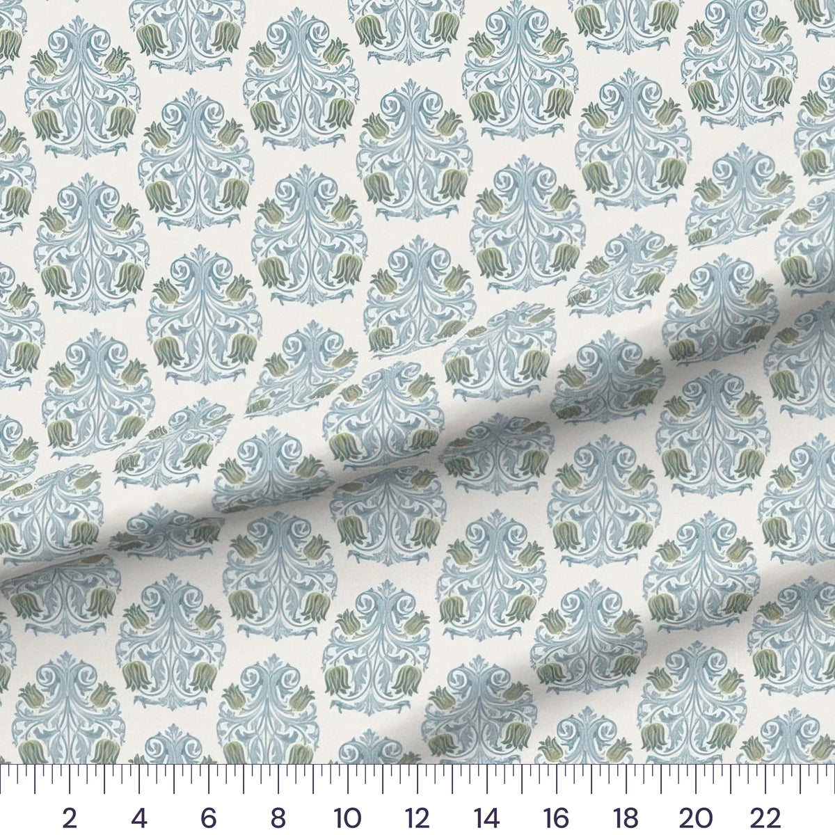 Blue & Green Tulip Arts and Crafts Damask quilting cotton fabric draped close-up