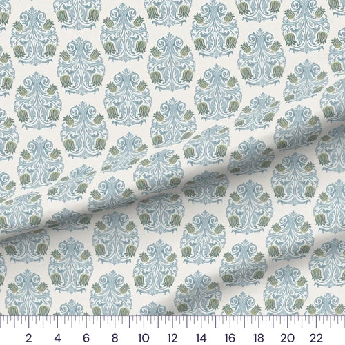 Blue & Green Tulip Arts and Crafts Damask quilting cotton fabric draped close-up
