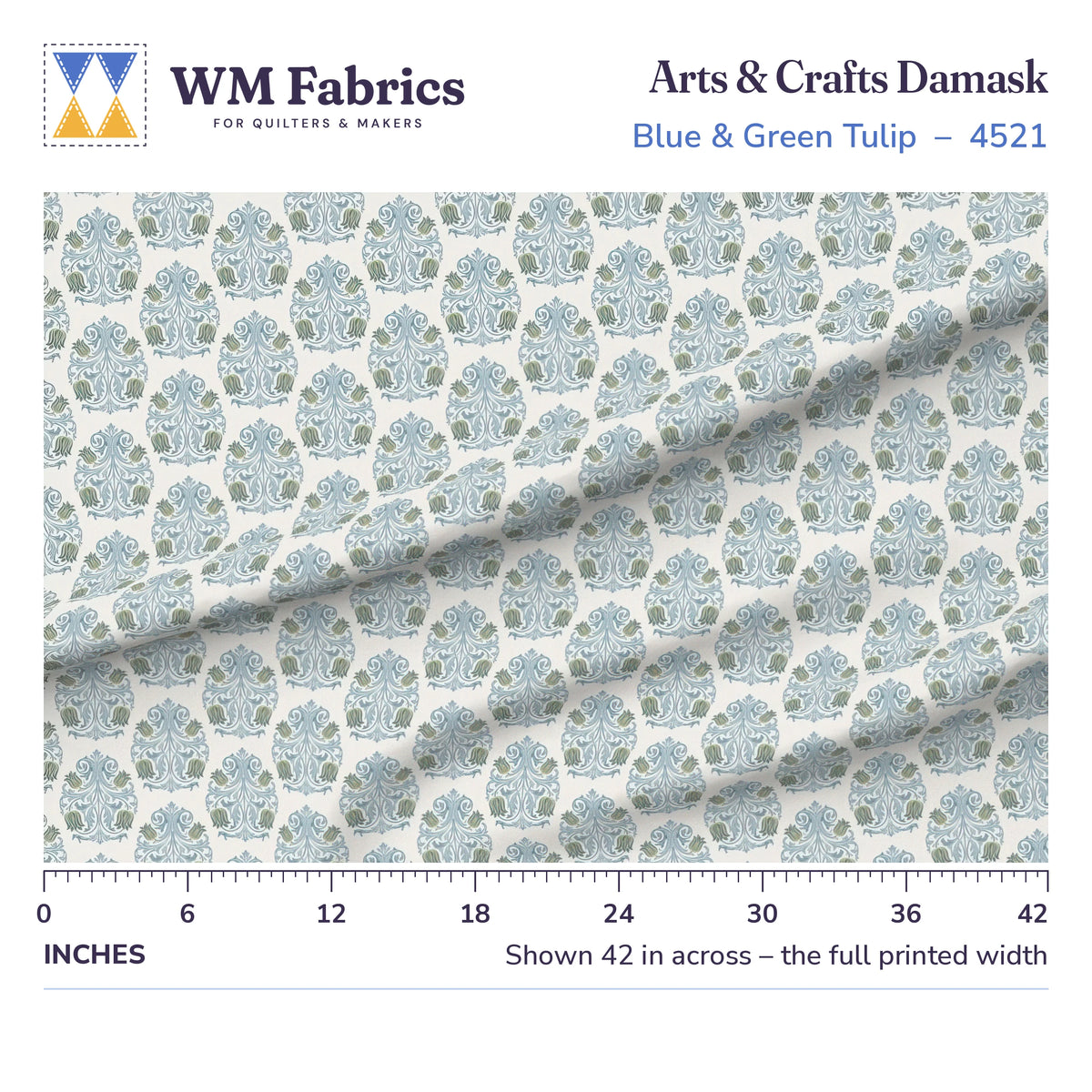 Blue & Green Tulip Arts and Crafts Damask fabric shown 42 inches across with a ruler for true print scale