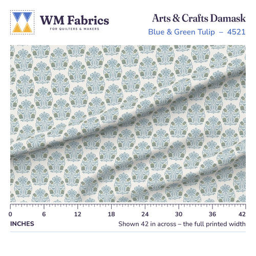 Blue & Green Tulip Arts and Crafts Damask fabric shown 42 inches across with a ruler for true print scale