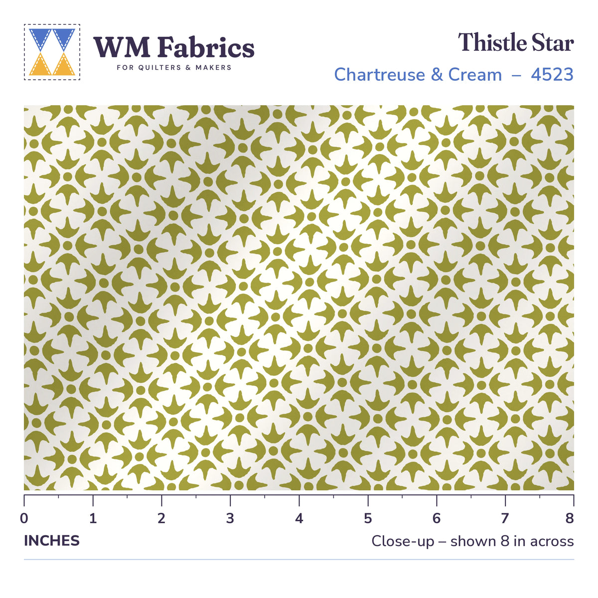 8 inch close-up of Thistle Star Chartreuse & Cream quilting cotton with a ruler showing the true size of the print