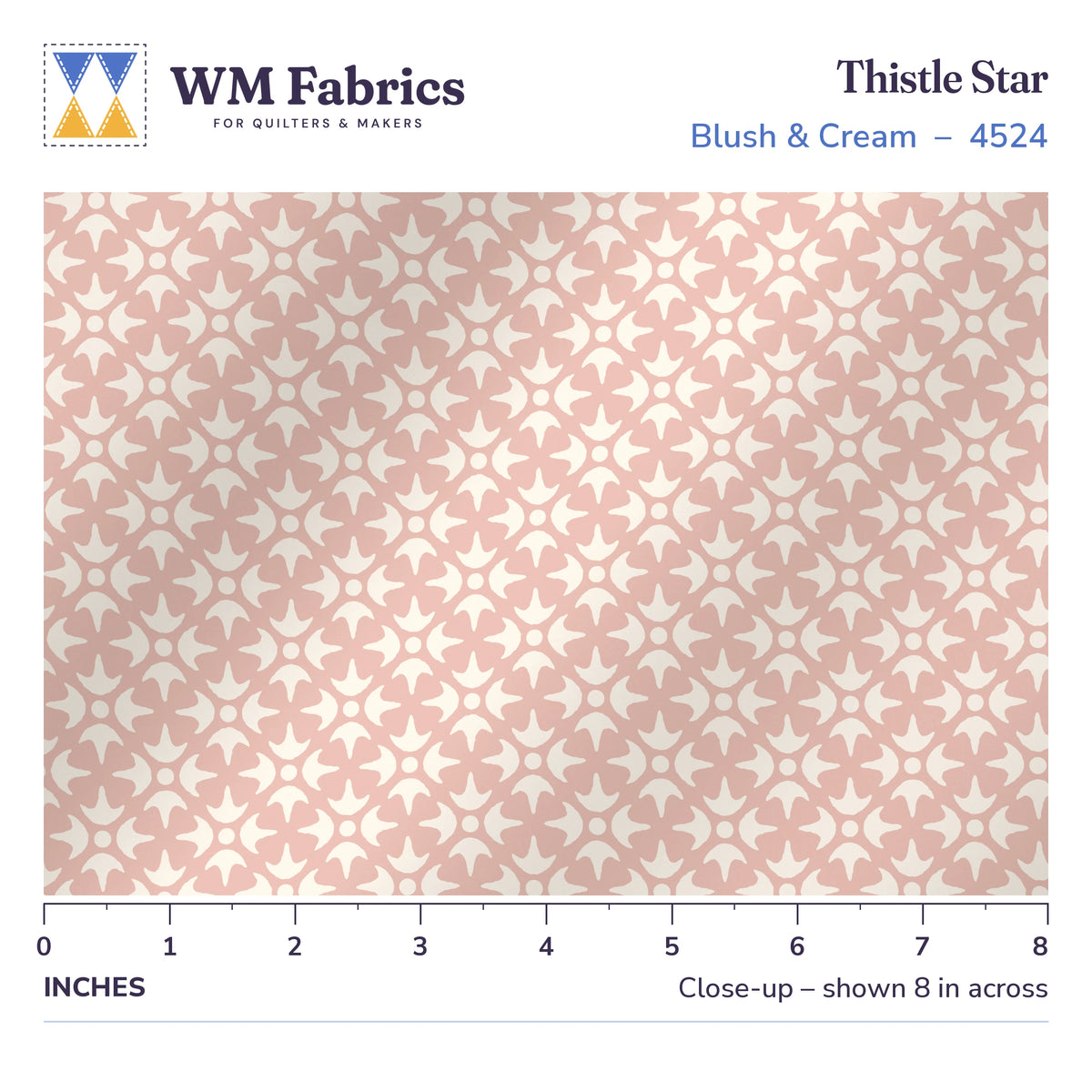 8 inch close-up of Thistle Star Blush & Cream quilting cotton with a ruler showing the true size of the print