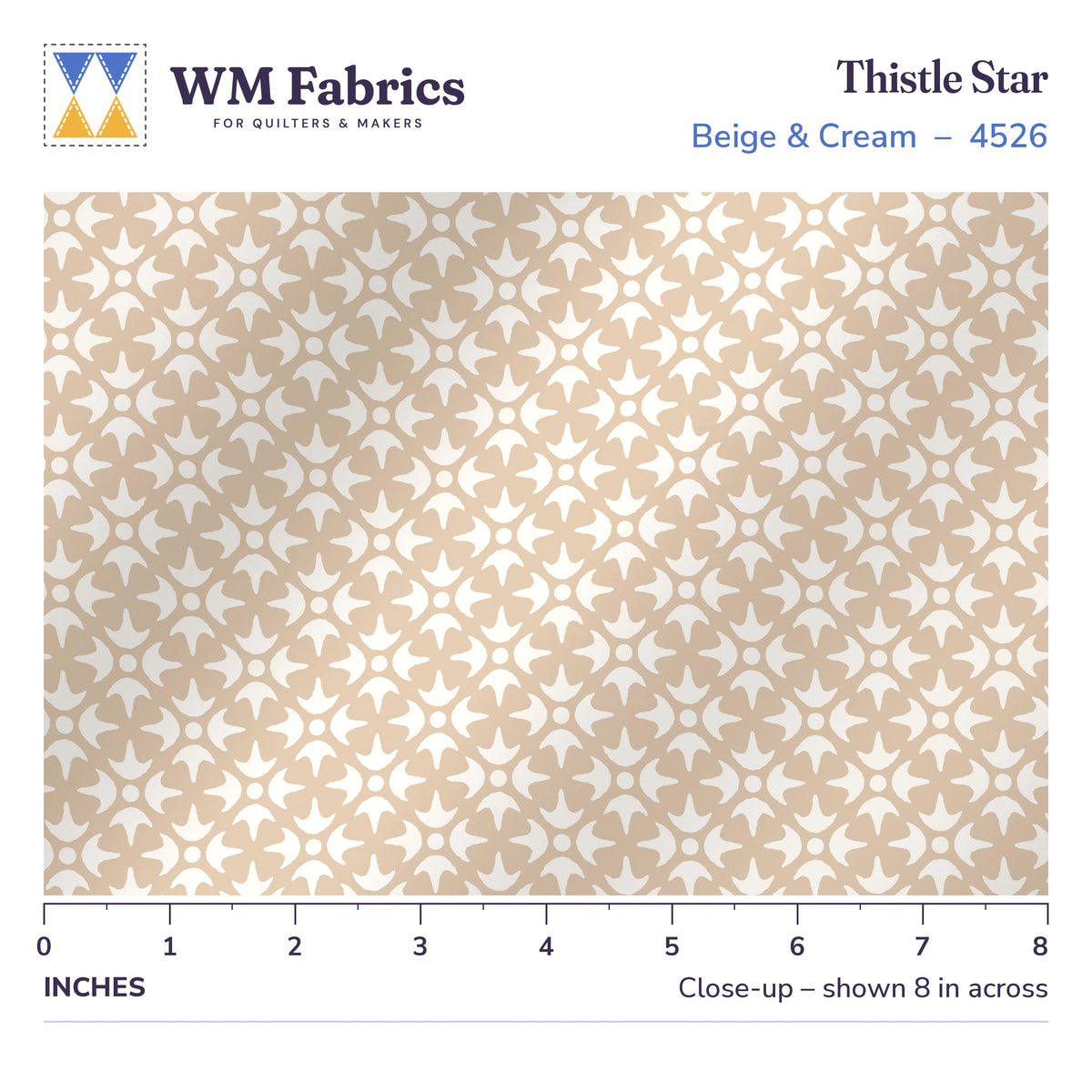 8 inch close-up of Thistle Star Beige & Cream quilting cotton with a ruler showing the true size of the print