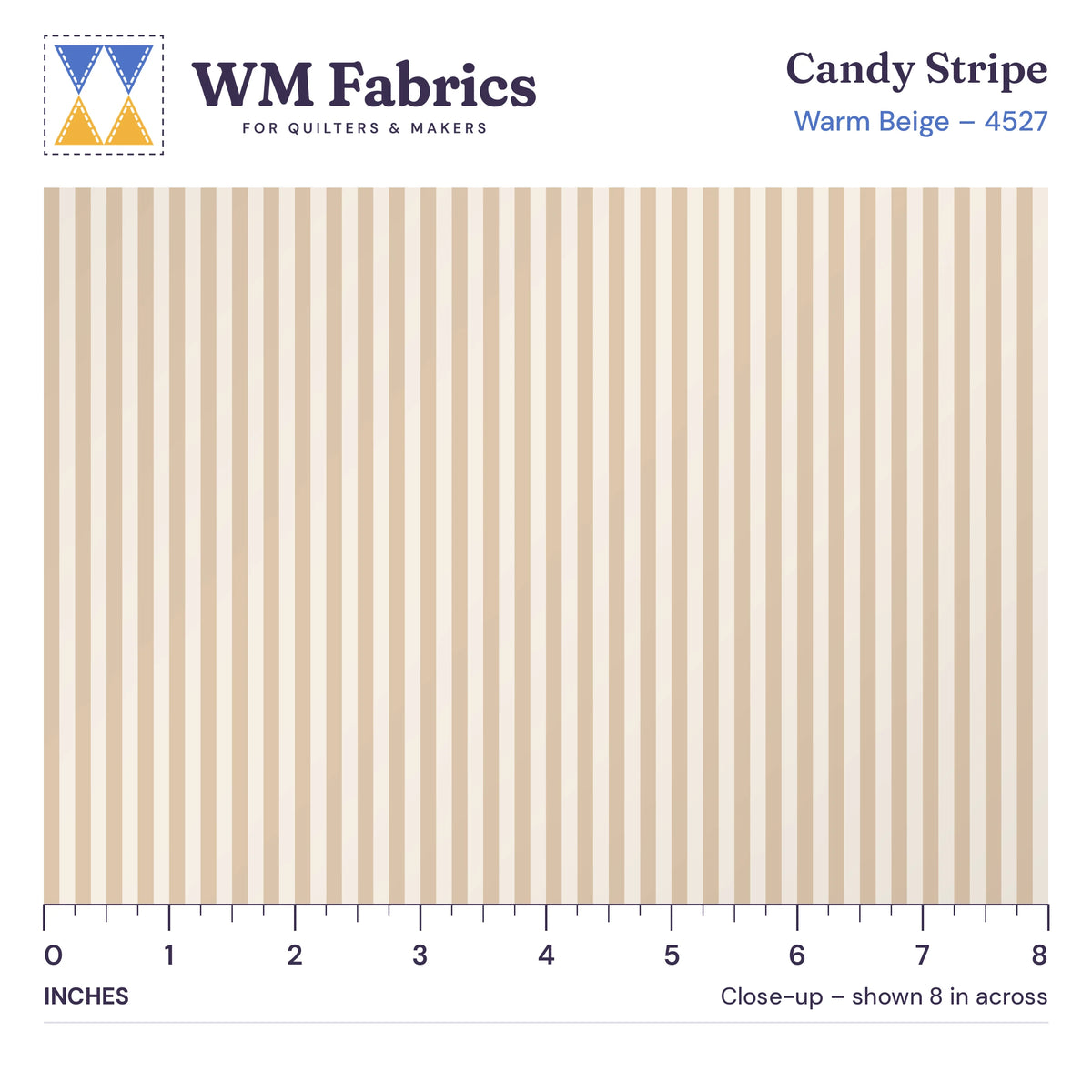 8 inch close-up of Warm Beige Candy Stripe quilting cotton with an inch ruler showing the true size of the print