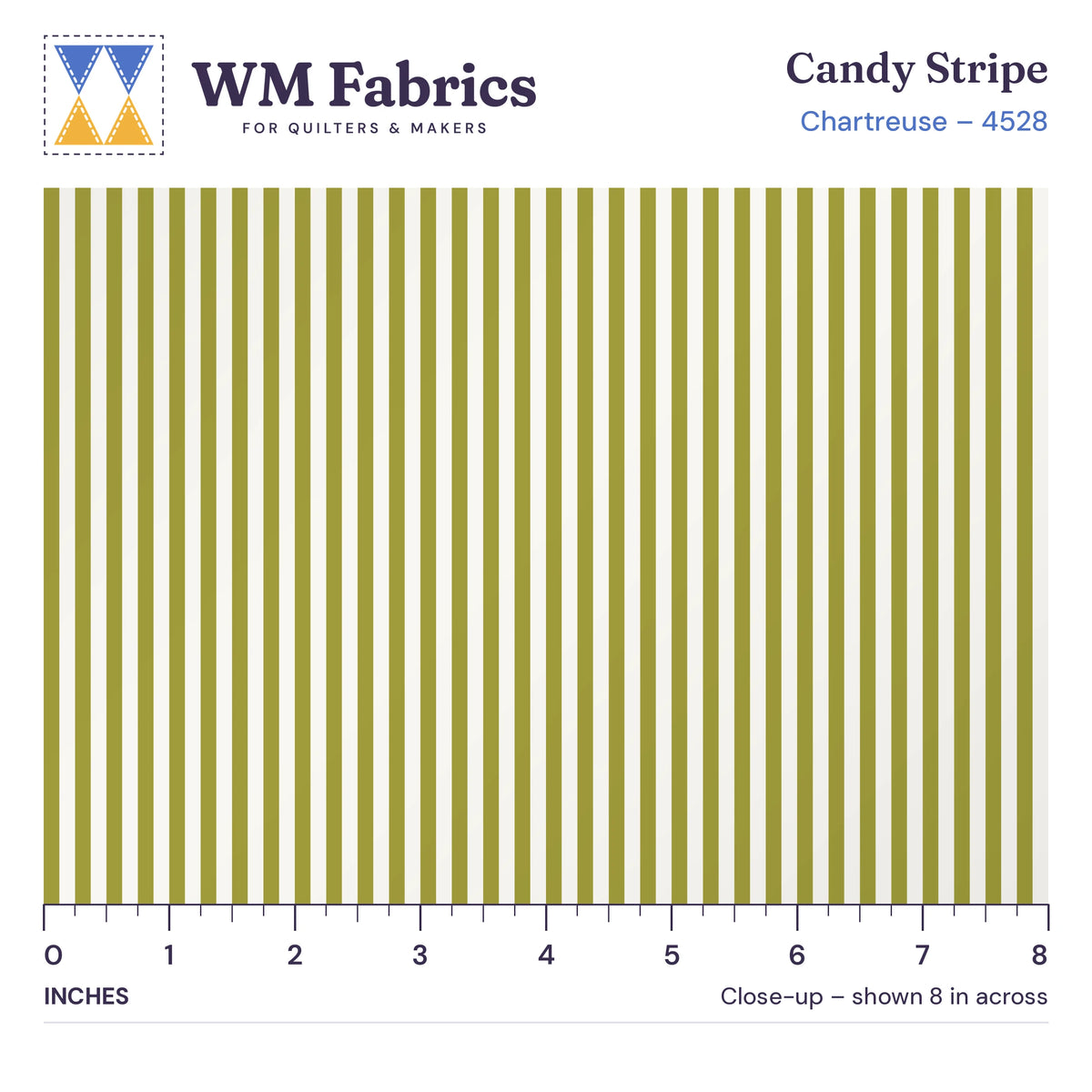 8 inch close-up of Chartreuse Candy Stripe quilting cotton with an inch ruler showing the true size of the print