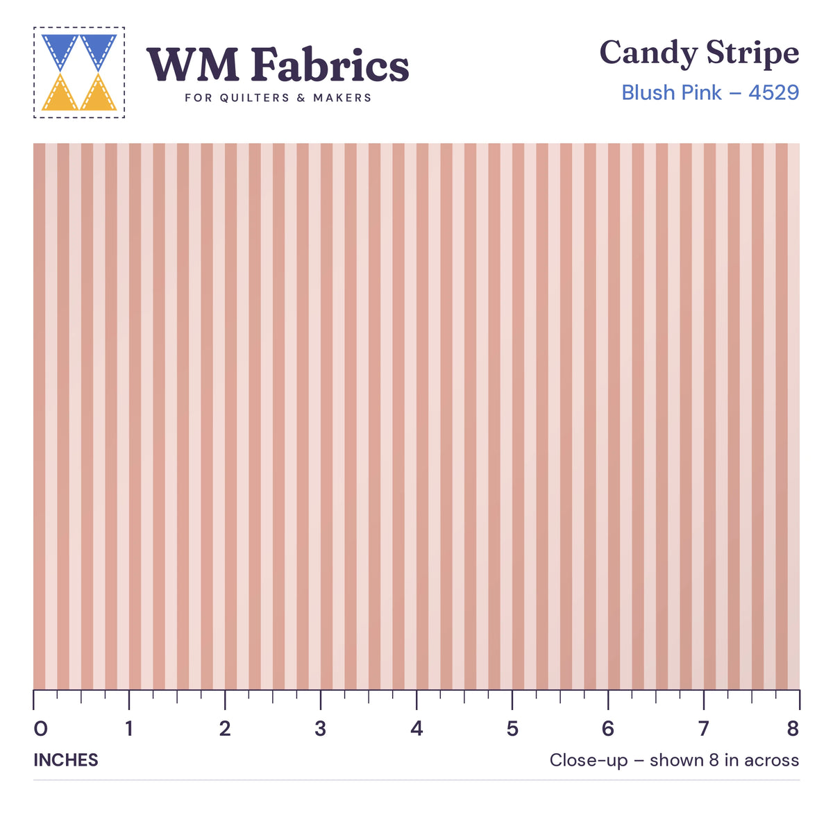 8 inch close-up of Blush Pink Candy Stripe quilting cotton with an inch ruler showing the true size of the print