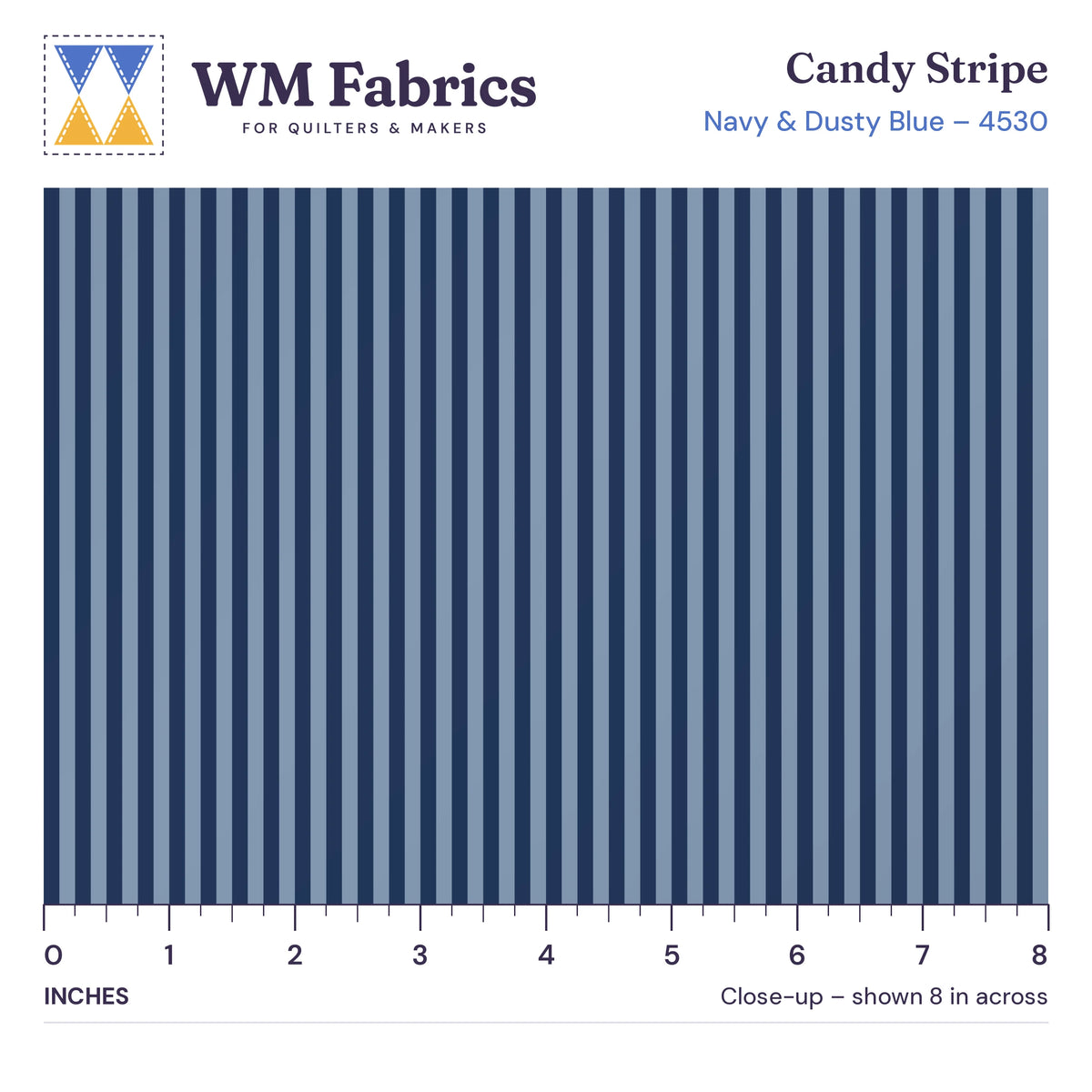 8 inch close-up of Navy & Dusty Blue Candy Stripe quilting cotton with an inch ruler showing the true size of the print