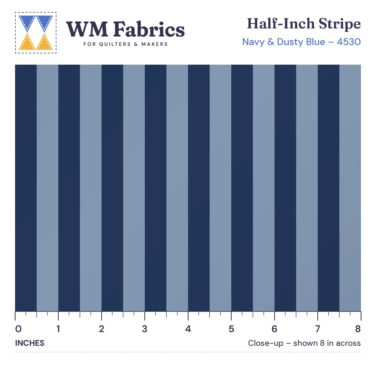 8 inch close-up of Navy & Dusty Blue Half-Inch Stripe quilting cotton with an inch ruler showing the 1/2 inch stripes