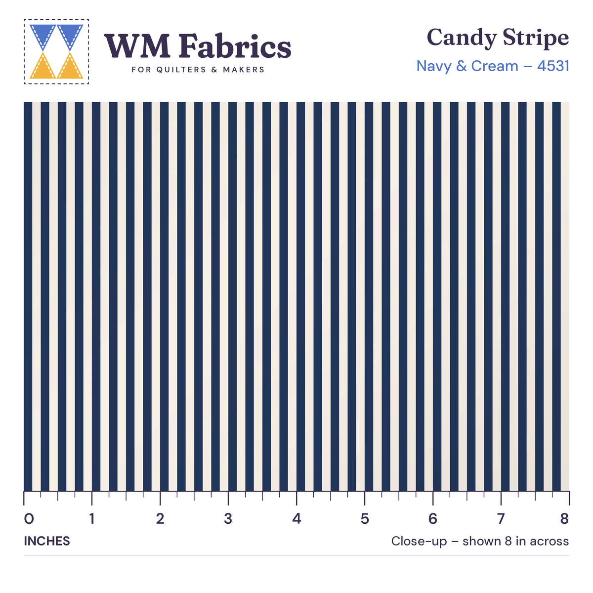 8 inch close-up of Navy & Cream Candy Stripe quilting cotton with an inch ruler showing the true size of the print