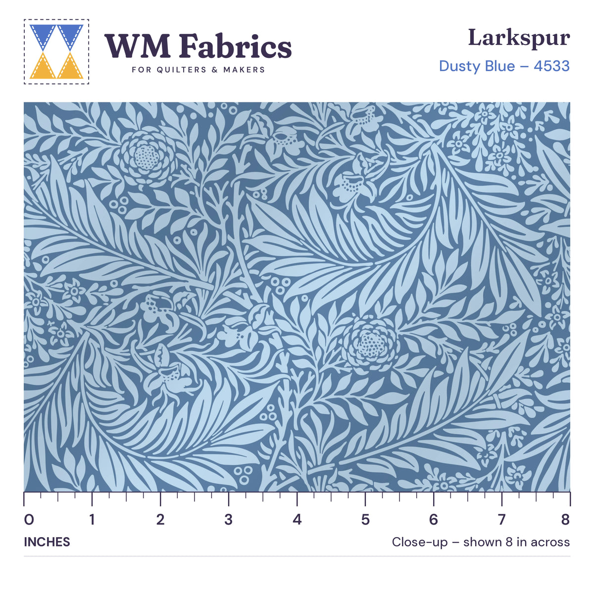 8 inch close-up of Dusty Blue William Morris Larkspur quilting cotton with an inch ruler showing the true size of the print