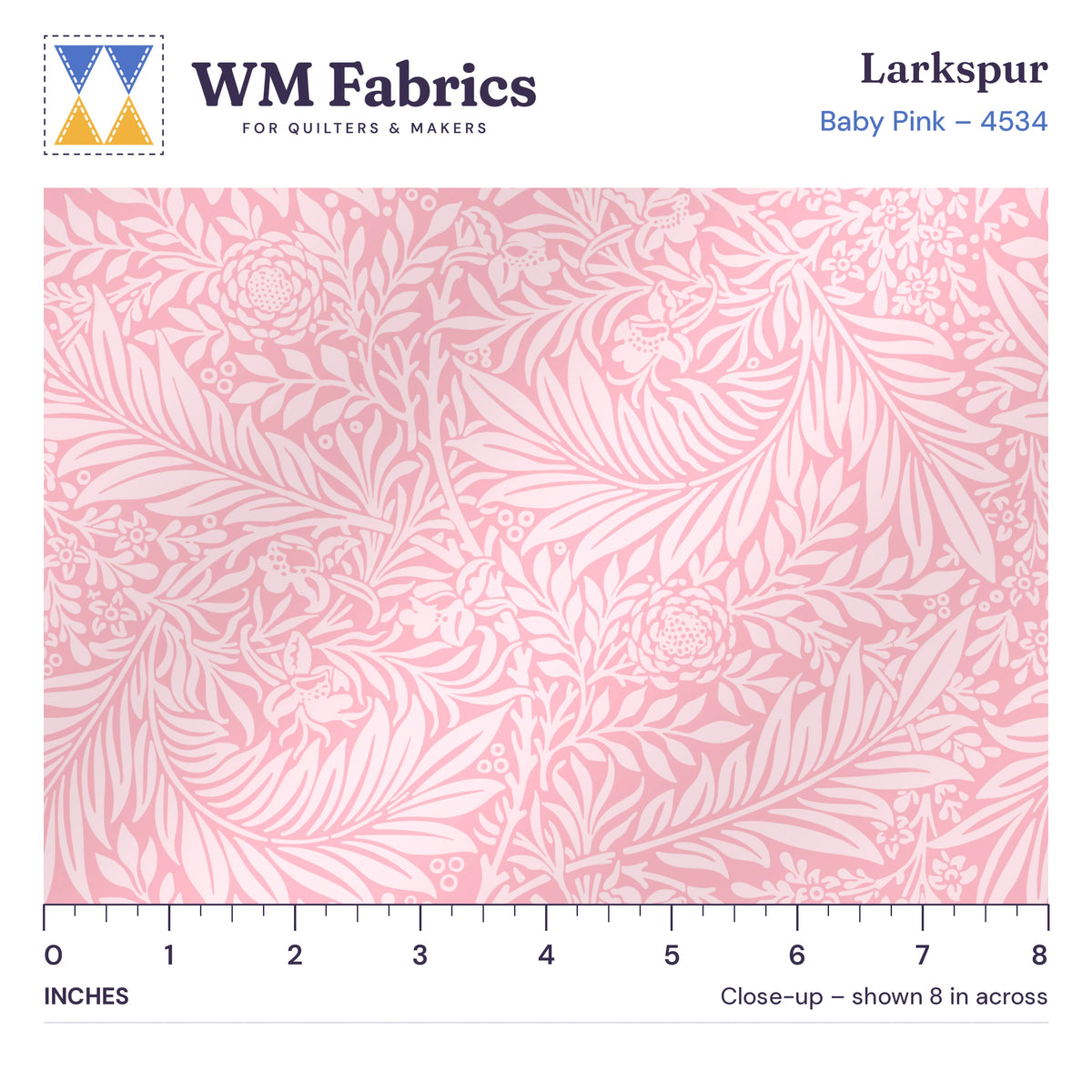 8 inch close-up of Baby Pink William Morris Larkspur quilting cotton with an inch ruler showing the true size of the print