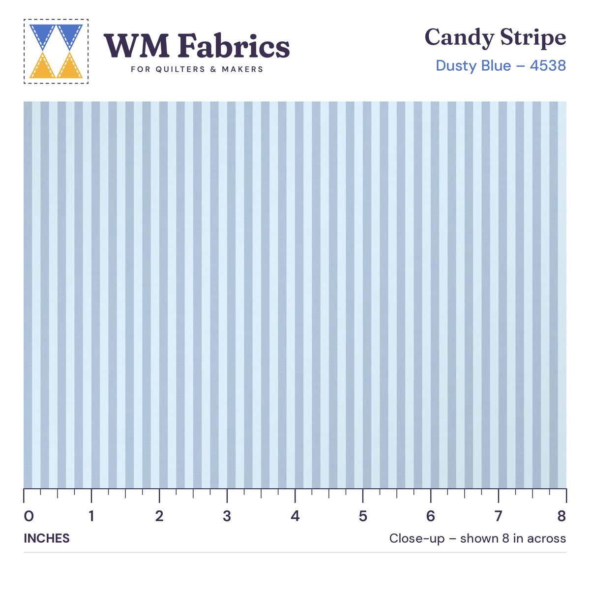 8 inch close-up of Dusty Blue Candy Stripe quilting cotton with an inch ruler showing the true size of the print