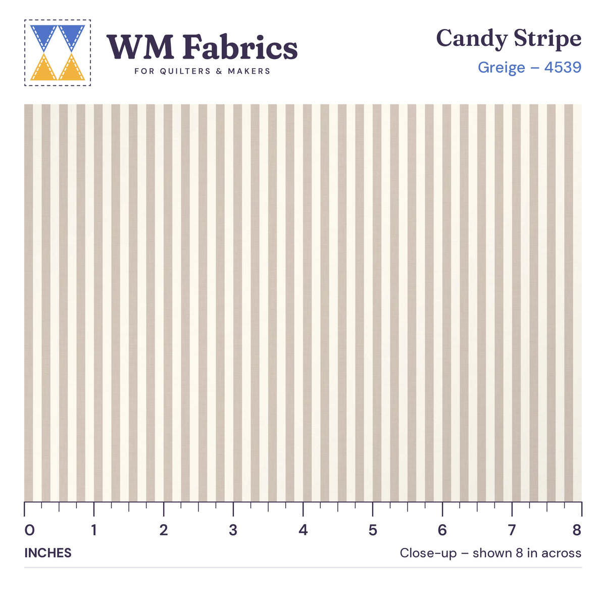 8 inch close-up of Greige Candy Stripe quilting cotton with an inch ruler showing the true size of the print