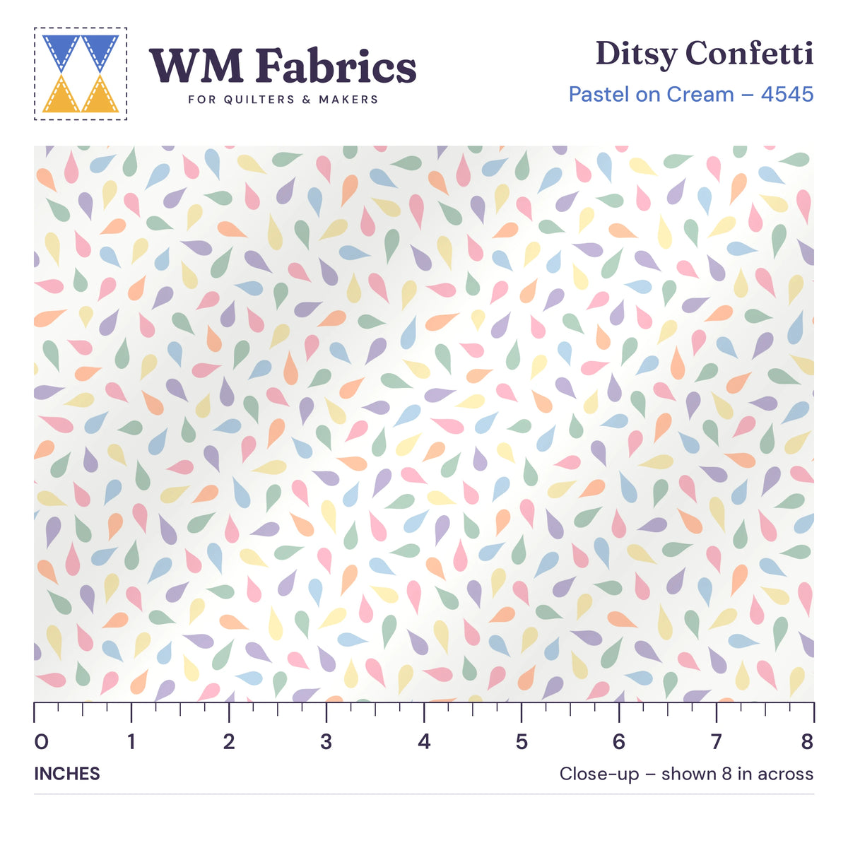 8 inch close-up of Pastel on Cream Ditsy Confetti quilting cotton with an inch ruler showing the true size of the print