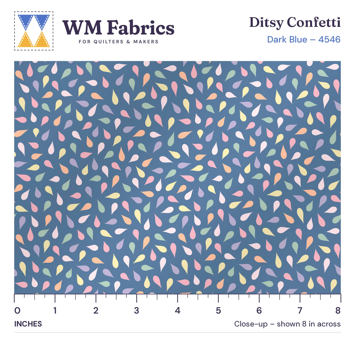 8 inch close-up of Dark Blue Ditsy Confetti quilting cotton with an inch ruler showing the true size of the print