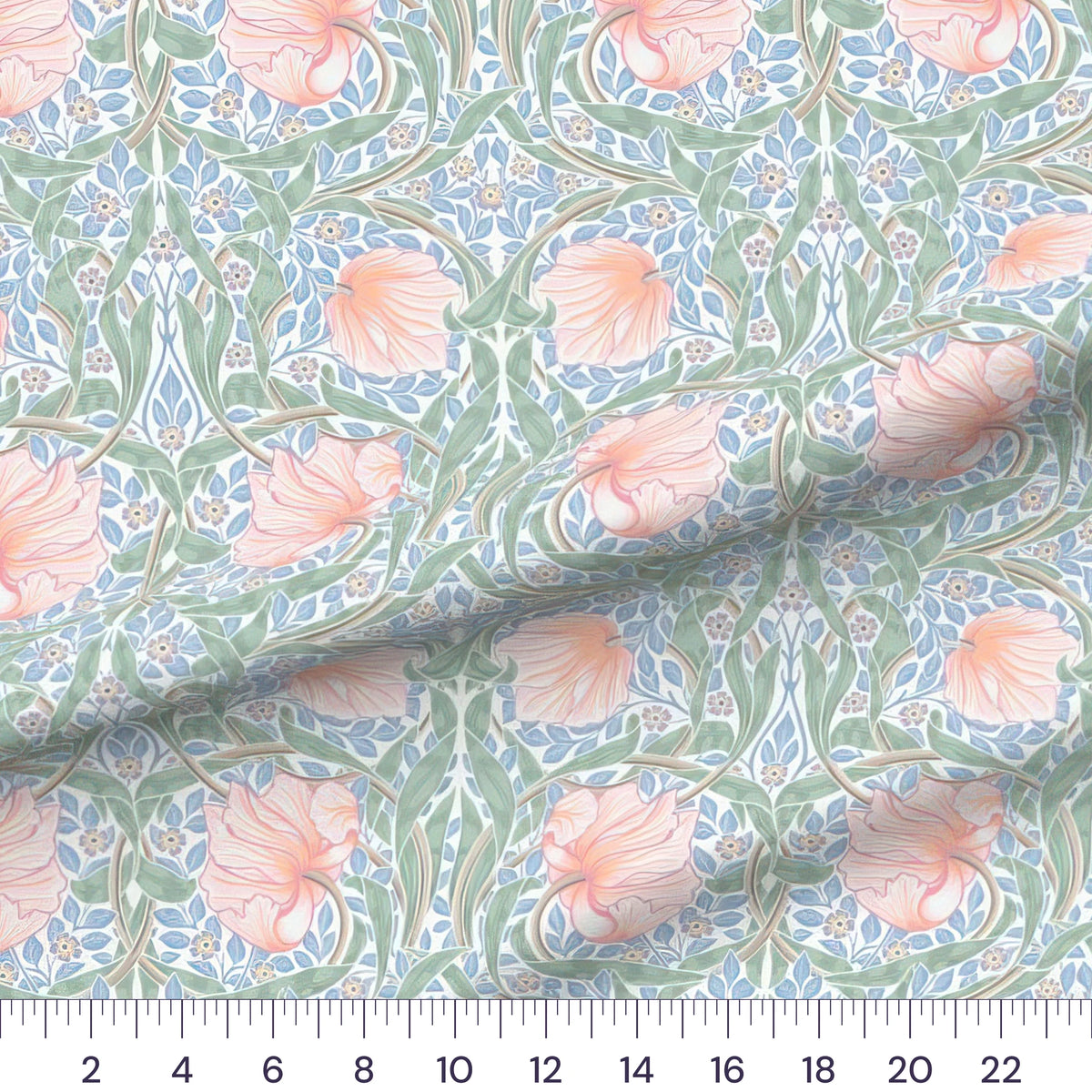 Blue, Sage & Pink William Morris Pimpernel quilting cotton fabric draped close-up
