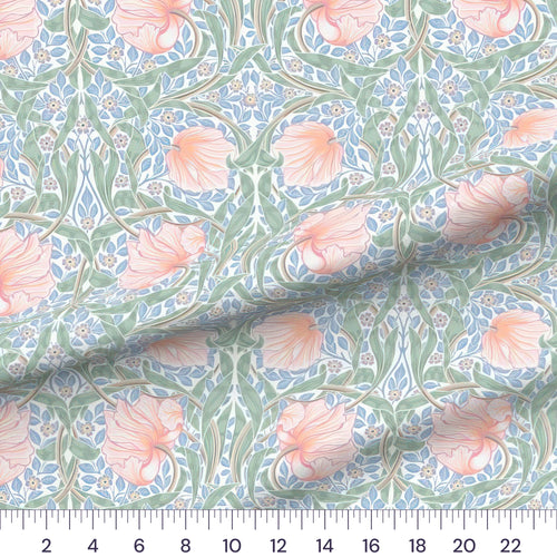 Blue, Sage & Pink William Morris Pimpernel quilting cotton fabric draped close-up