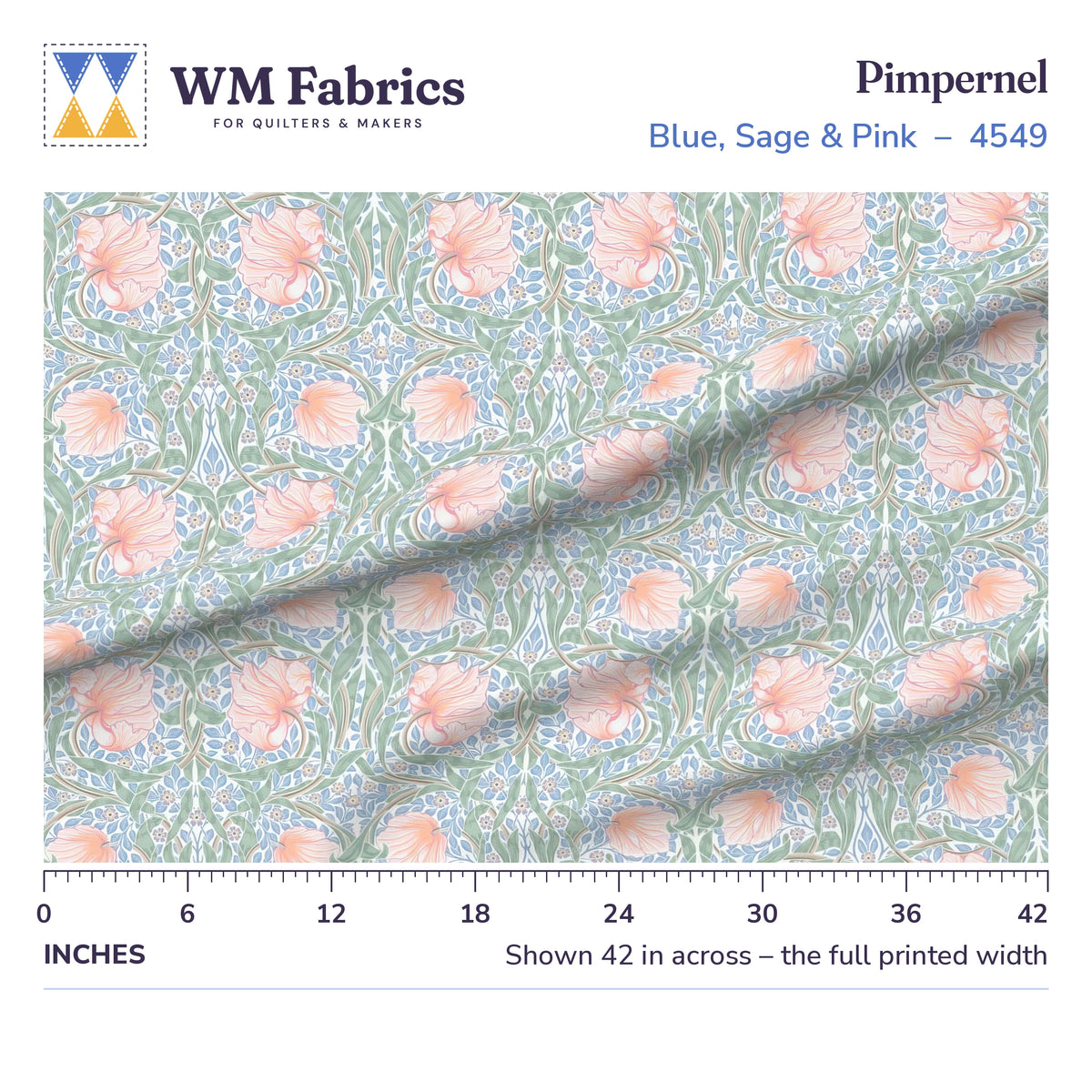 Blue, Sage & Pink William Morris Pimpernel fabric shown 42 inches across with a ruler for true print scale