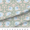 Blue, Sage & Beige William Morris Pimpernel quilting cotton fabric draped close-up